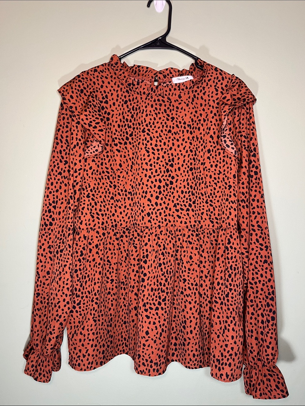 Ruffle-Yoke Long Sleeve Top in Rust Orange Spot Print